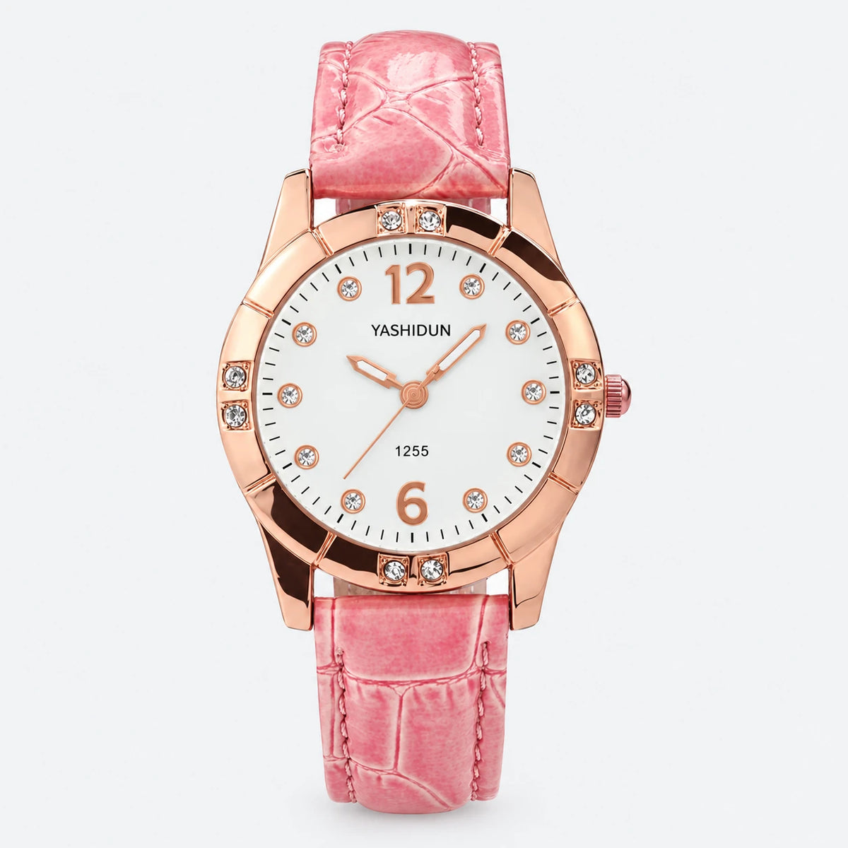 Montre Femme Bracelet Cuir Rose et Cadran Orné de Strass - Fond gris clair