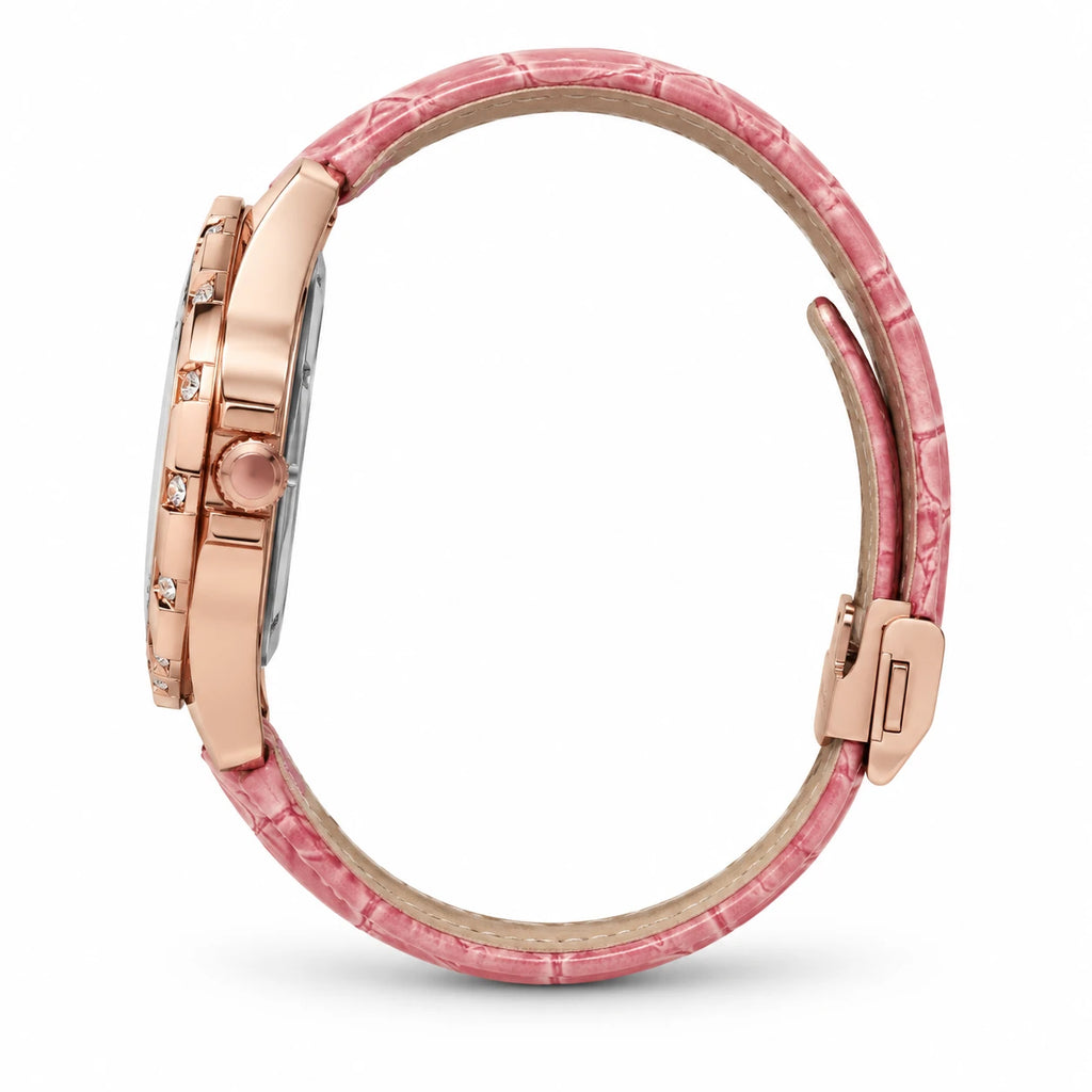Montre Femme Bracelet Cuir Rose et Cadran Orné de Strass - Photo côté