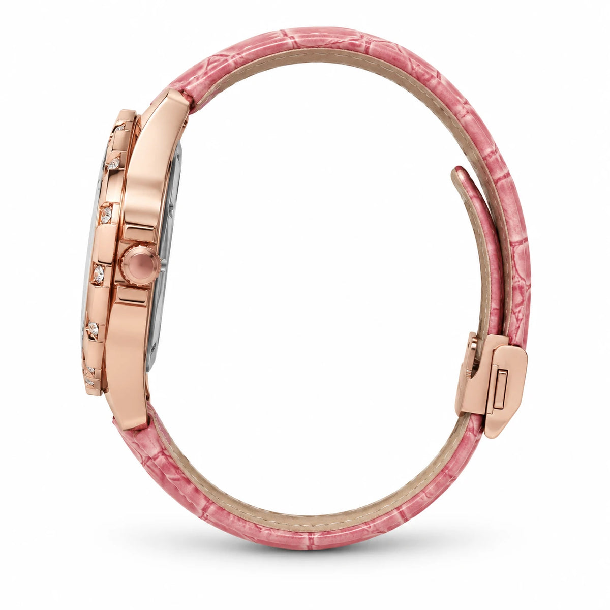 Montre Femme Bracelet Cuir Rose et Cadran Orné de Strass - Photo côté