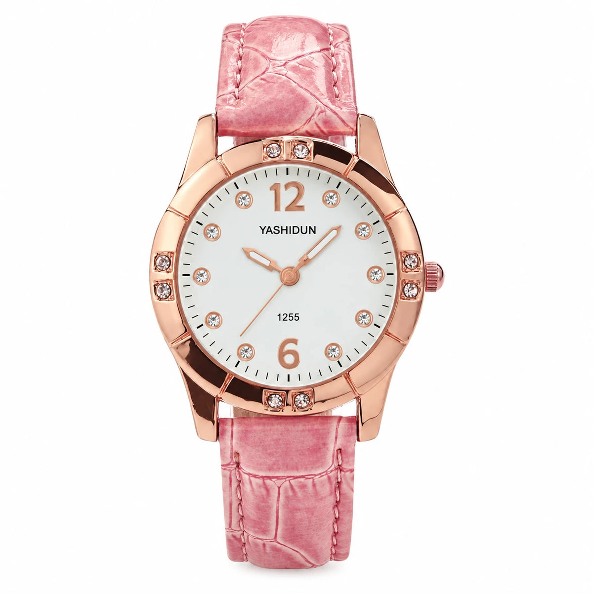 Montre Femme Bracelet Cuir Rose et Cadran Orné de Strass - Rose