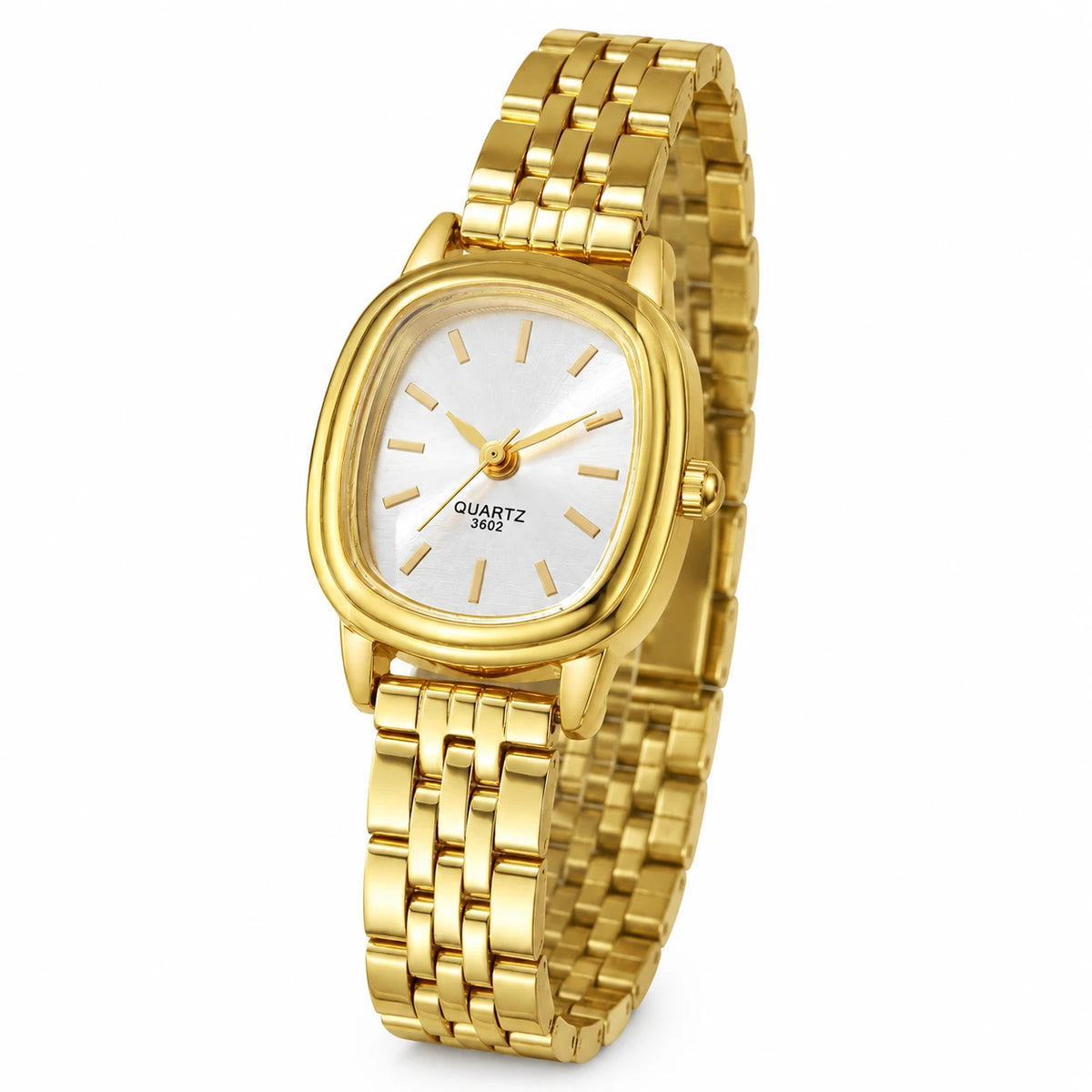 Montre Femme Bracelet Doré Cadran Ovale Minimaliste - Fond blanc, autre angle