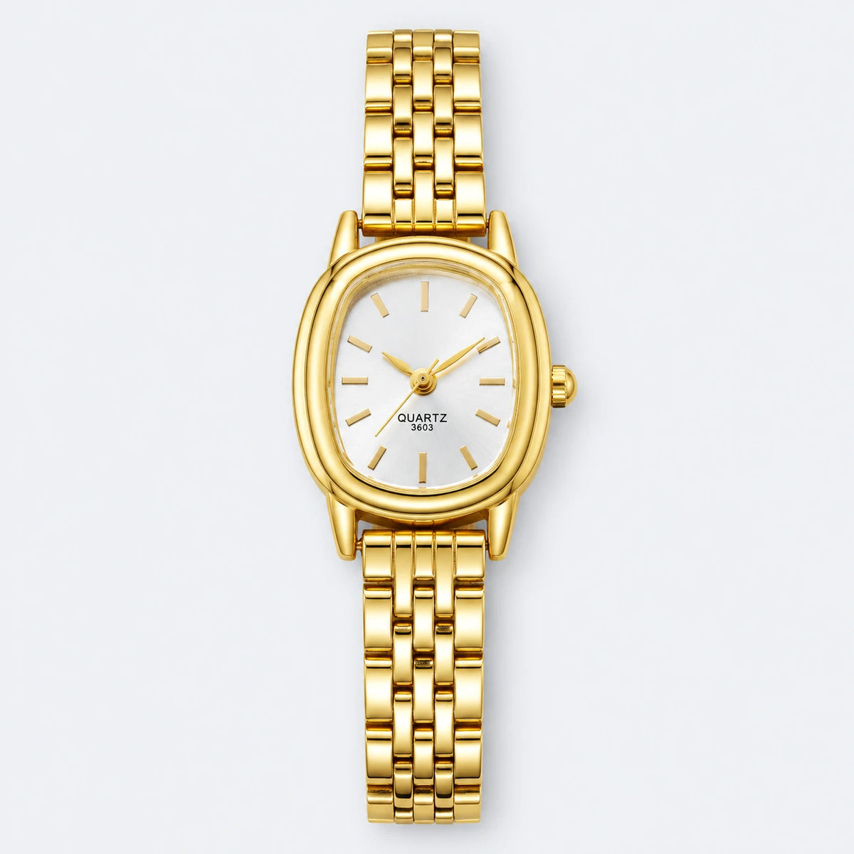 Montre Femme Bracelet Doré Cadran Ovale Minimaliste - Fond gris clair