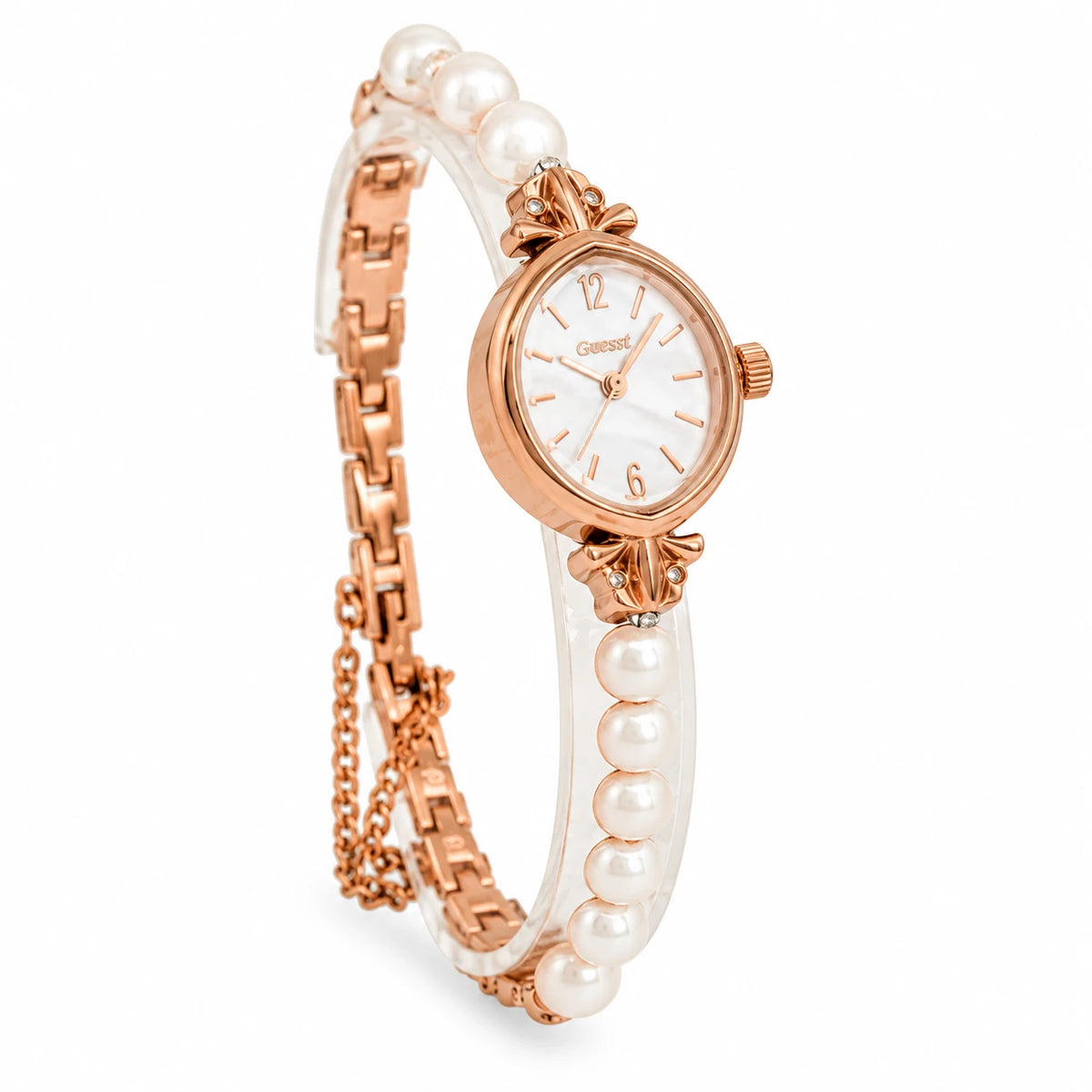 Montre femme bracelet perles et chaîne dorée rose - Fond blanc, autre angle