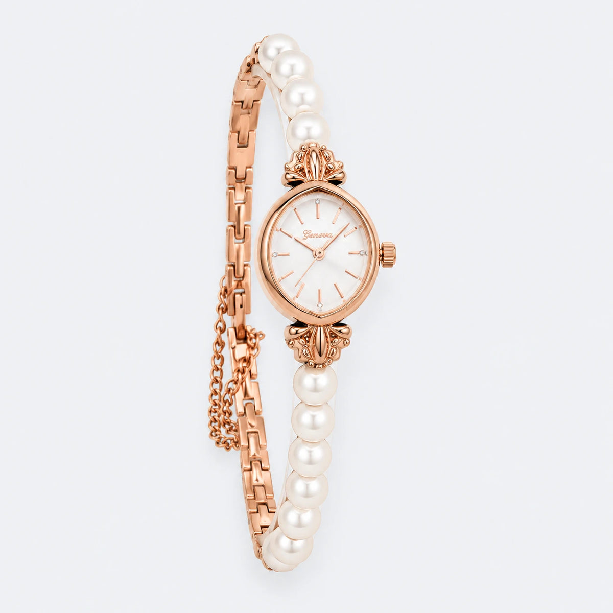 Montre femme bracelet perles et chaîne dorée rose - Fond gris clair