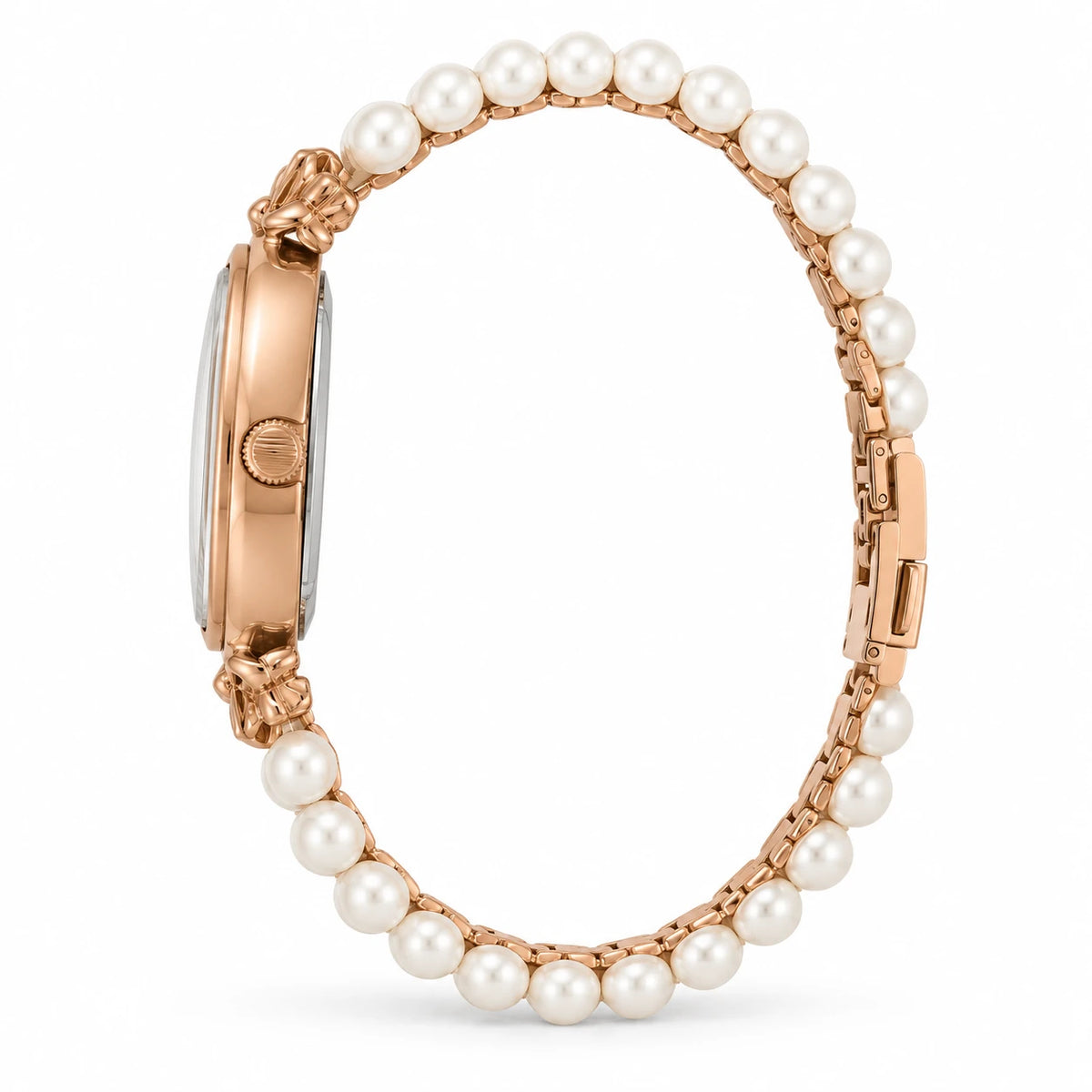 Montre femme bracelet perles et chaîne dorée rose - Photo côté