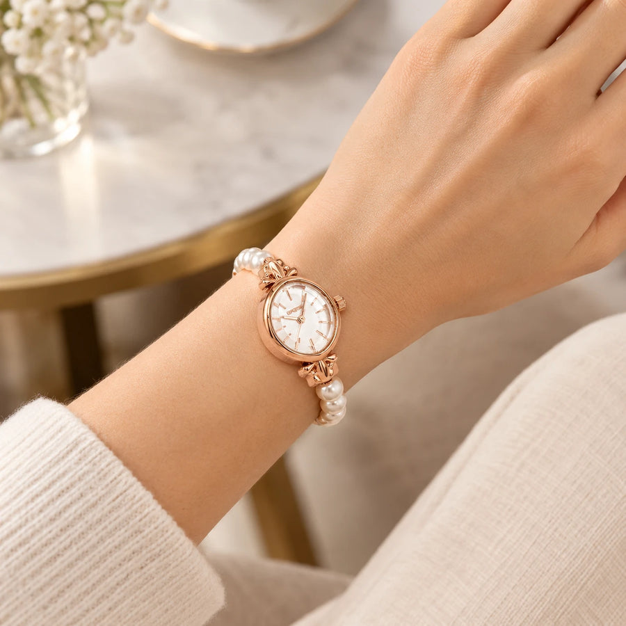Montre femme bracelet perles et chaîne dorée rose - Utilisation du produit - classique