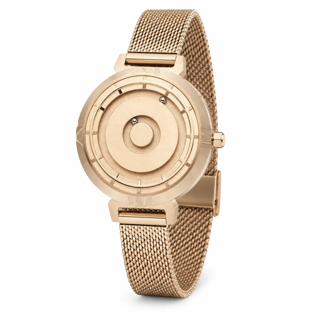 Montre Femme Cadran Billes Magnétiques Bracelet Maille - Fond blanc, autre angle
