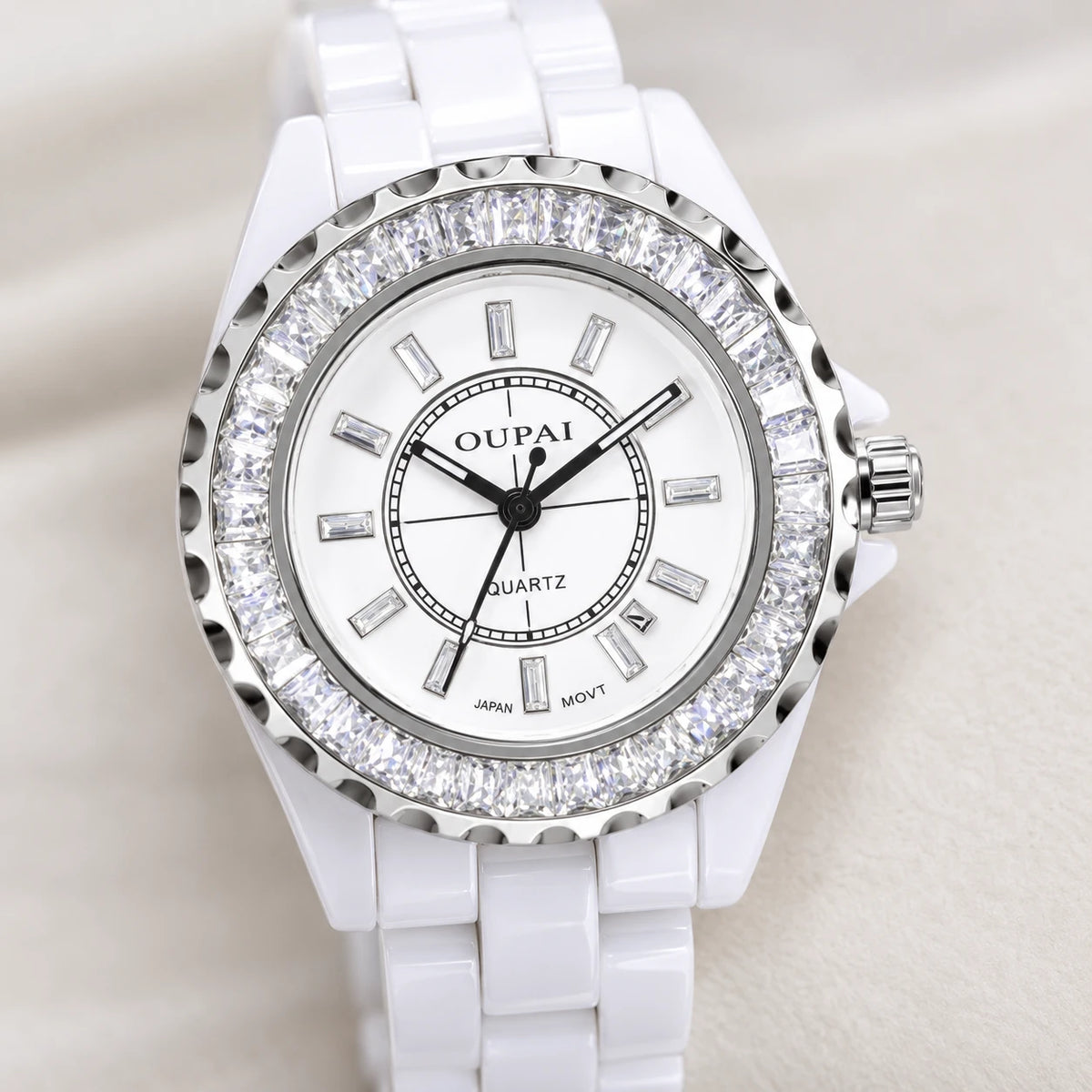 Montre Femme Céramique Blanche Cadran Serti de Strass - Détail matière