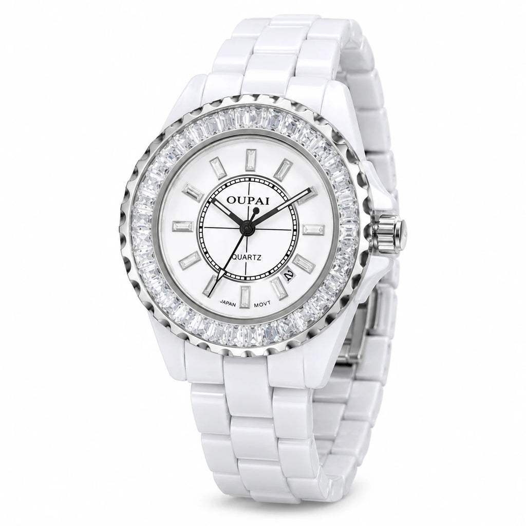 Montre Femme Céramique Blanche Cadran Serti de Strass - Fond blanc, autre angle