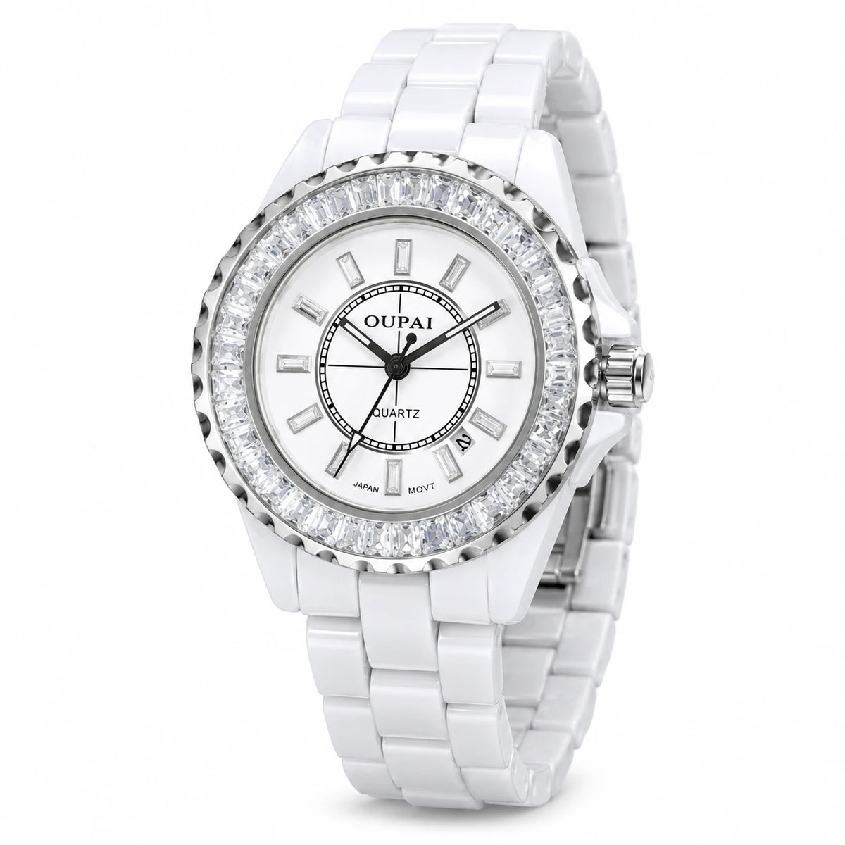 Montre Femme Céramique Blanche Cadran Serti de Strass - Fond blanc, autre angle