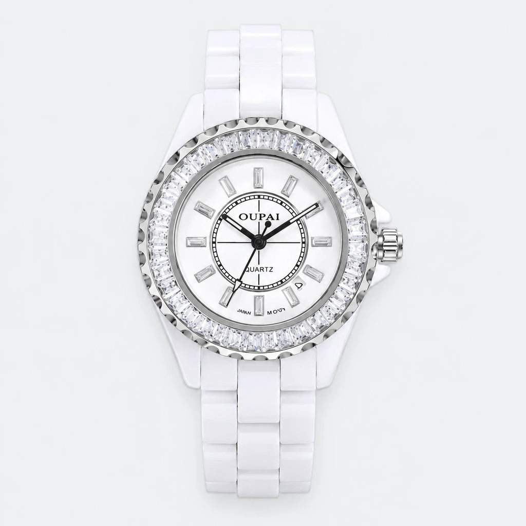 Montre Femme Céramique Blanche Cadran Serti de Strass - Fond gris clair