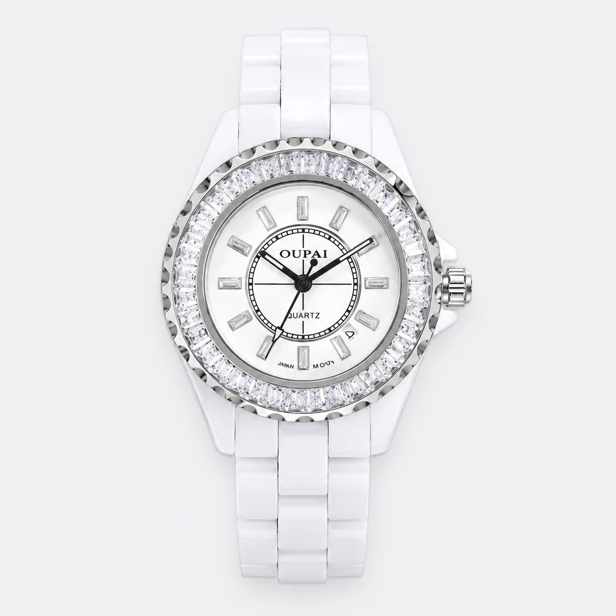 Montre Femme Céramique Blanche Cadran Serti de Strass - Fond gris clair