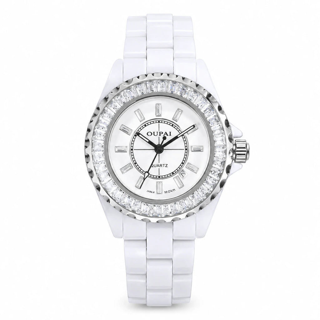 Montre Femme Céramique Blanche Cadran Serti de Strass - WHITE