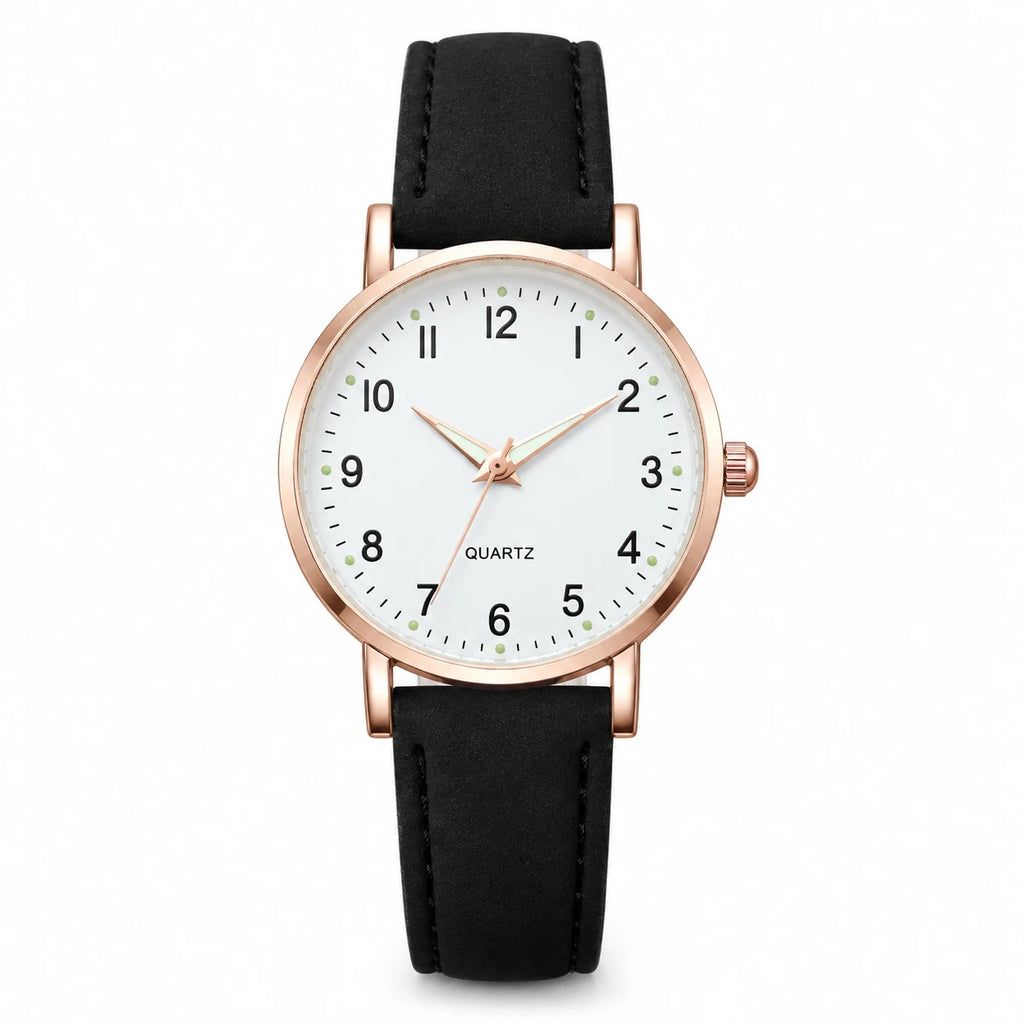 Montre Femme Chiffres Arabes à Cadran Clair et Bracelet Cuir - Black