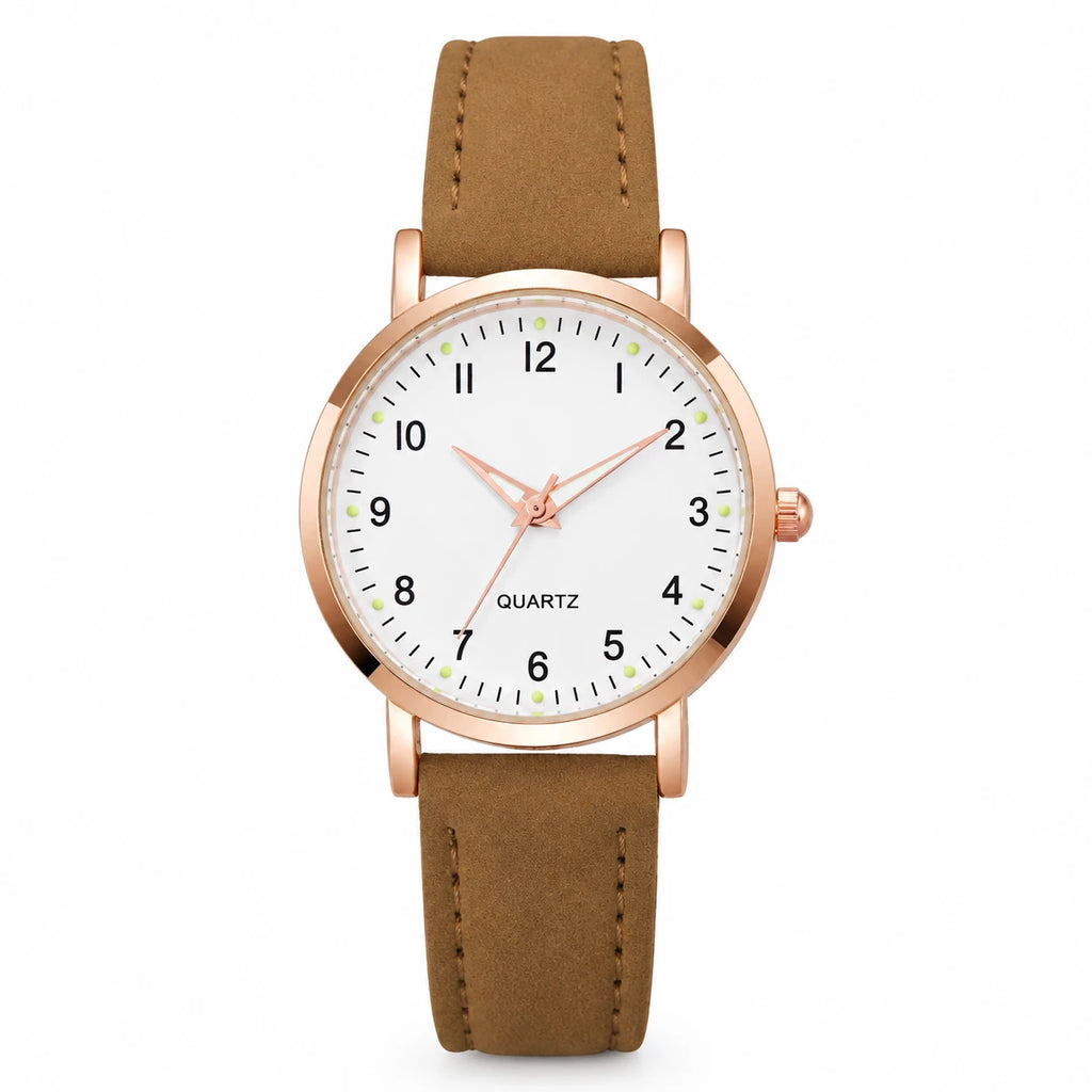 Montre Femme Chiffres Arabes à Cadran Clair et Bracelet Cuir - Brown