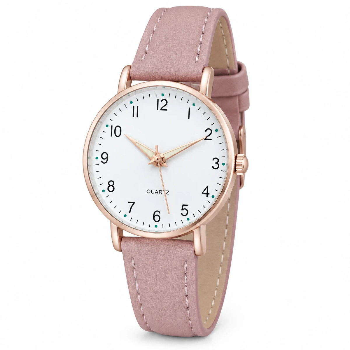 Montre Femme Chiffres Arabes à Cadran Clair et Bracelet Cuir - Fond blanc, autre angle