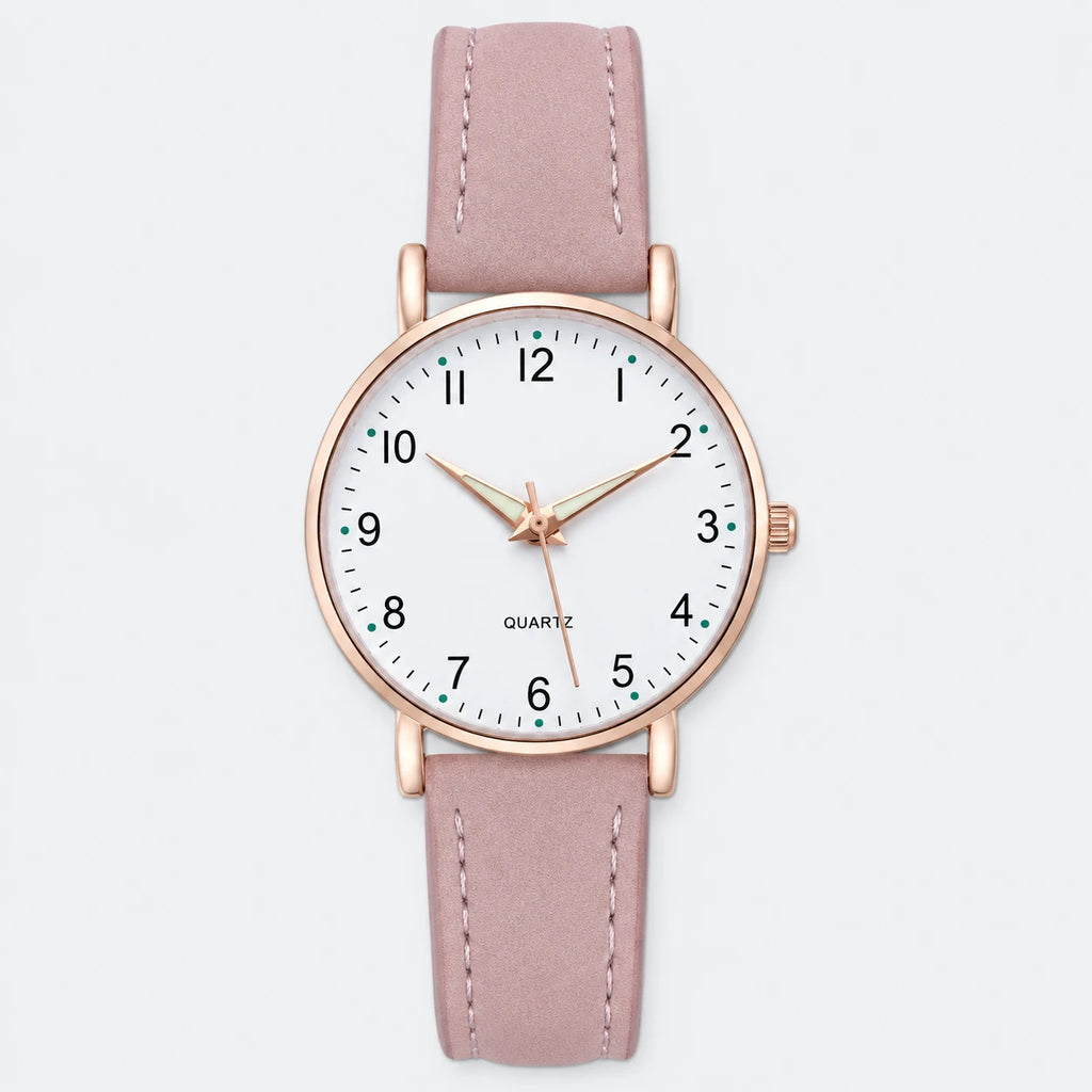 Montre Femme Chiffres Arabes à Cadran Clair et Bracelet Cuir - Fond gris clair