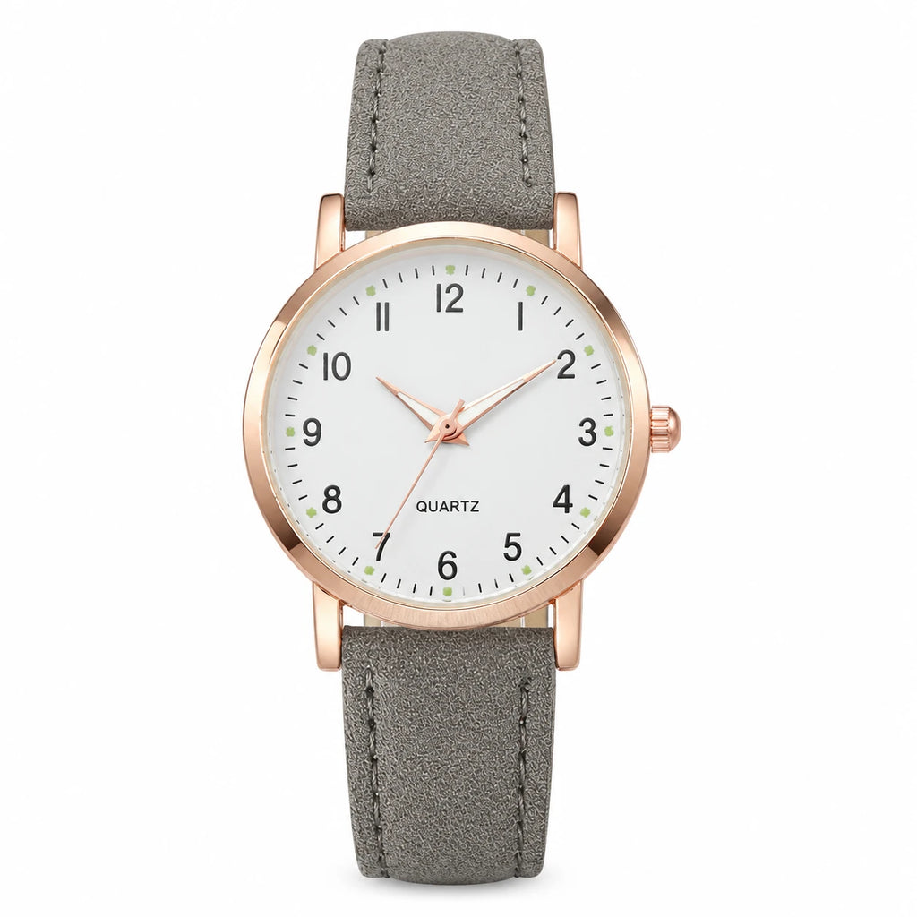 Montre Femme Chiffres Arabes à Cadran Clair et Bracelet Cuir - Grey