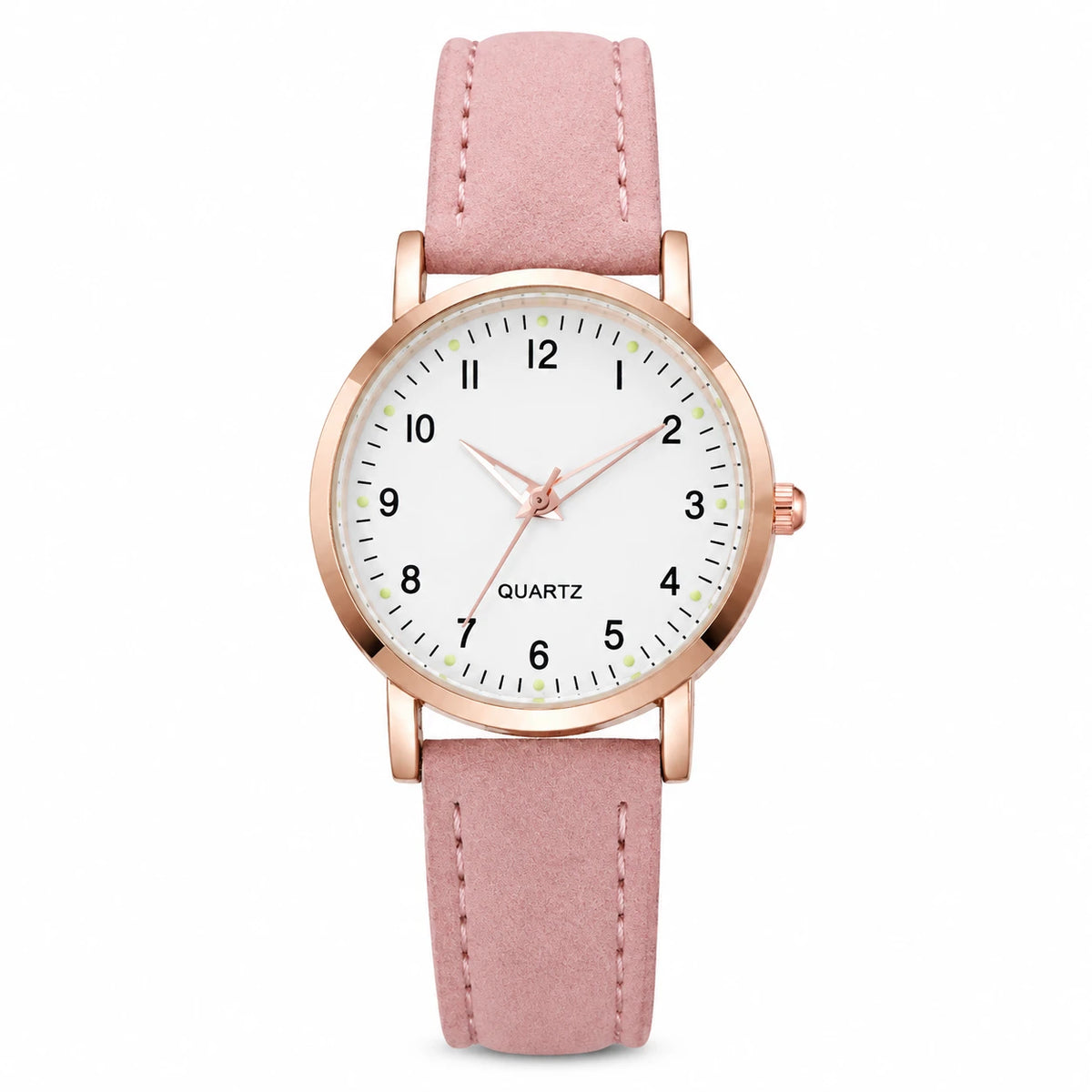 Montre Femme Chiffres Arabes à Cadran Clair et Bracelet Cuir - Pink