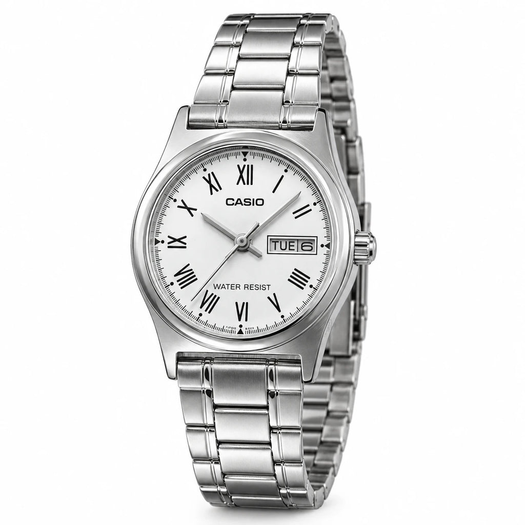 Montre Femme Chiffres Romains Argentée avec Calendrier - Fond blanc, autre angle