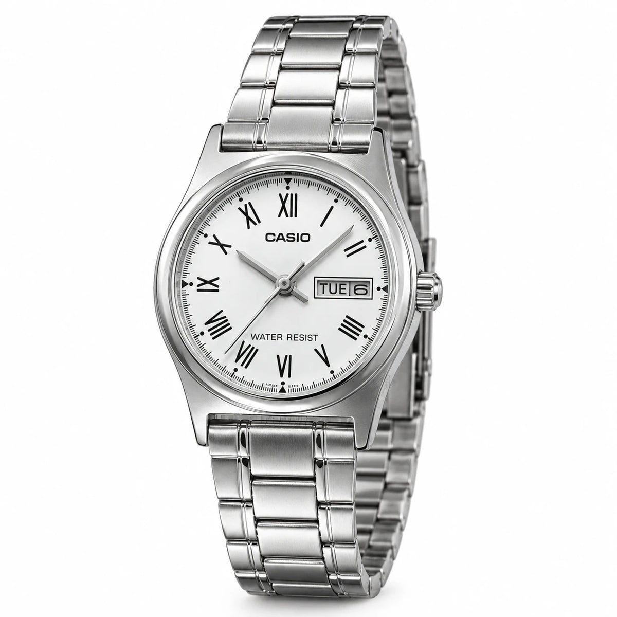 Montre Femme Chiffres Romains Argentée avec Calendrier - Fond blanc, autre angle