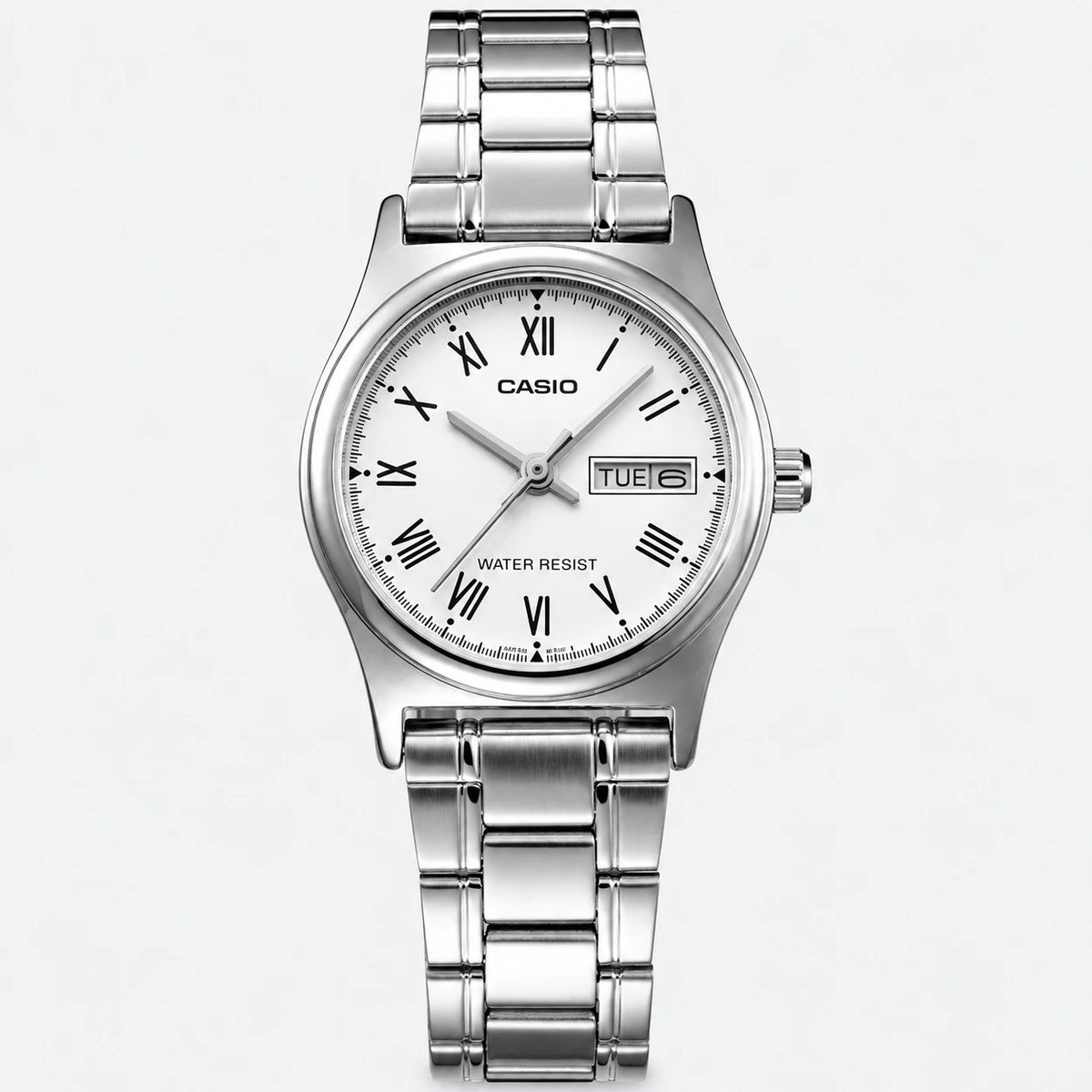 Montre Femme Chiffres Romains Argentée avec Calendrier - Fond gris clair