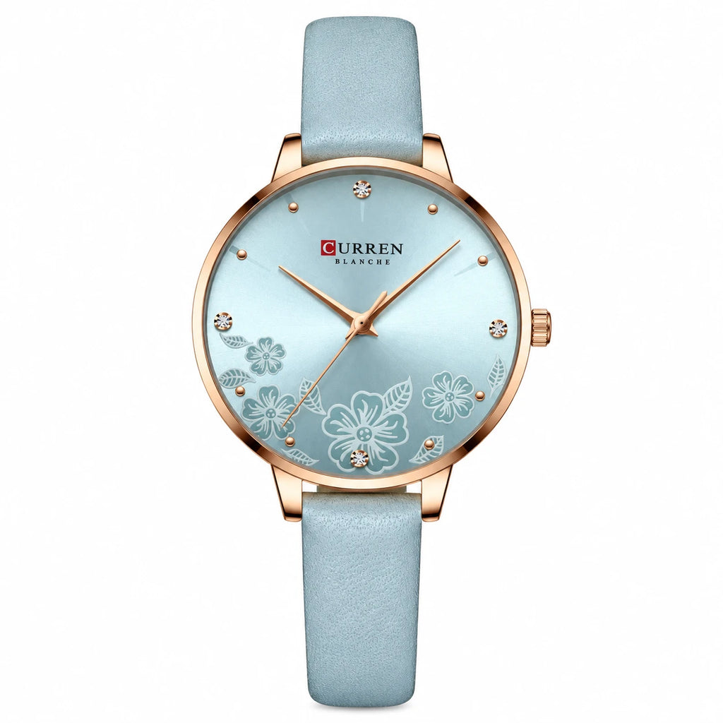 Montre Femme Cuir Beige à Cadran Fleuri et Strass - Bleu ciel