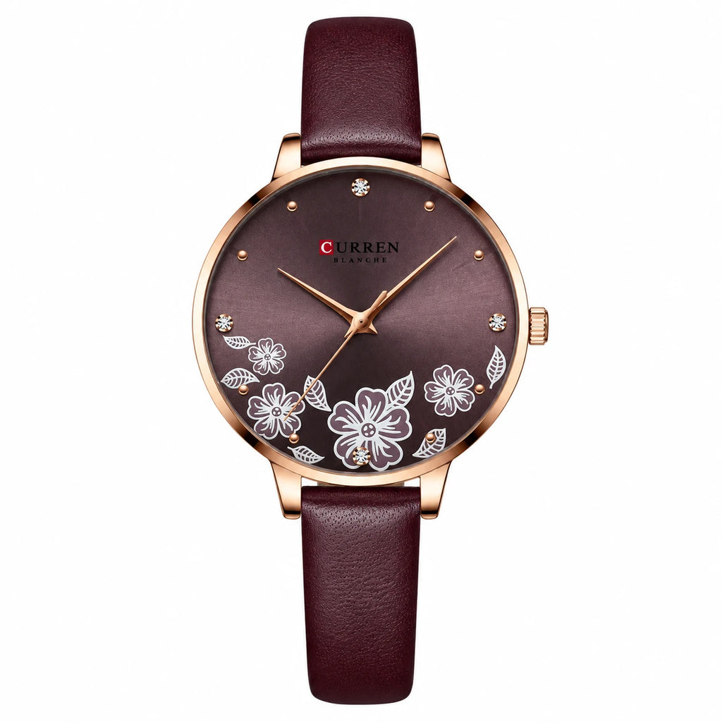 Montre Femme Cuir Beige à Cadran Fleuri et Strass - Bordeaux
