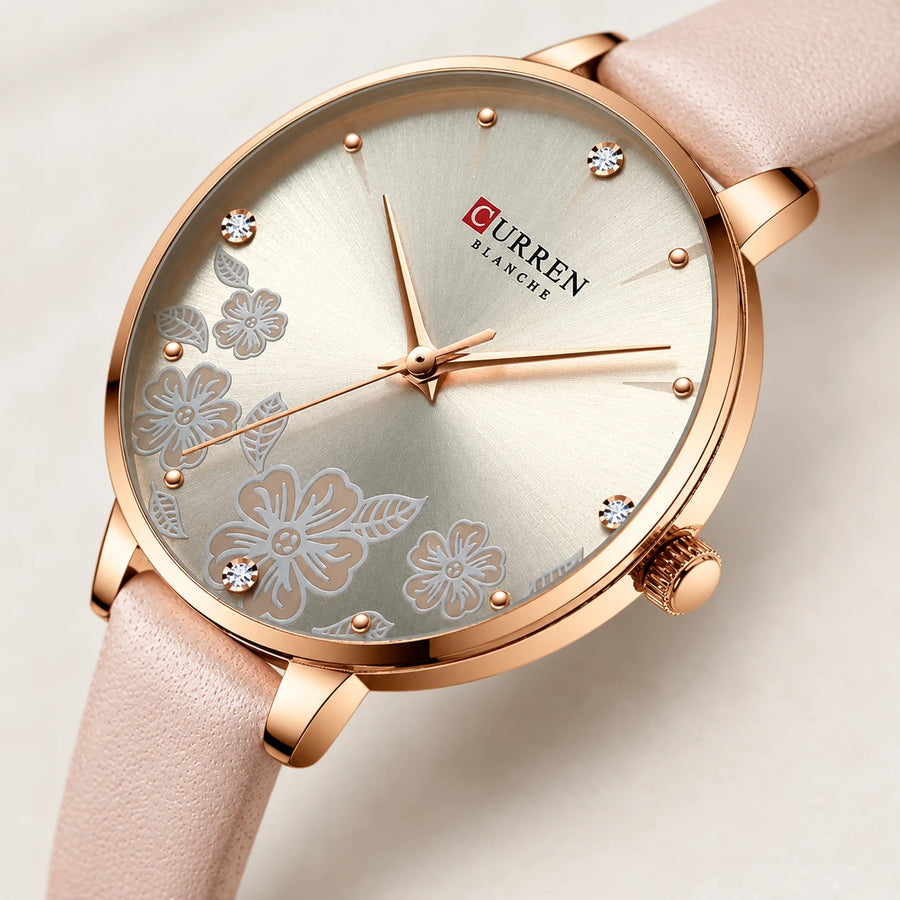 Montre Femme Cuir Beige à Cadran Fleuri et Strass - Détail matière