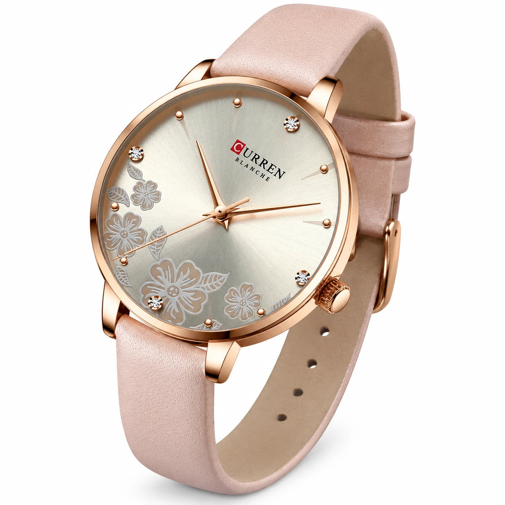 Montre Femme Cuir Beige à Cadran Fleuri et Strass - Fond blanc, autre angle