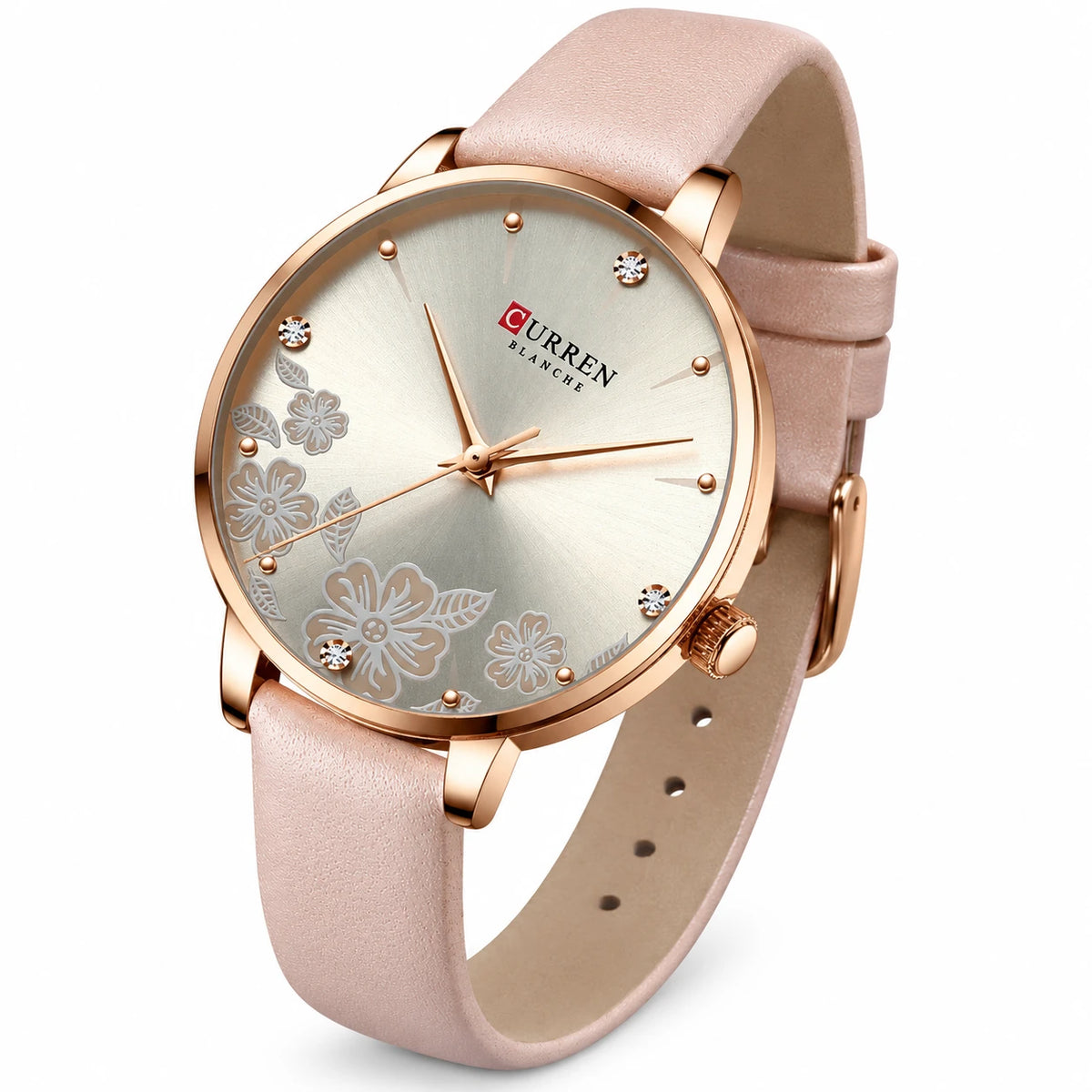 Montre Femme Cuir Beige à Cadran Fleuri et Strass - Fond blanc, autre angle