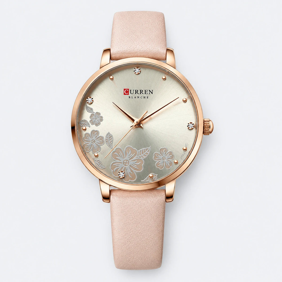 Montre Femme Cuir Beige à Cadran Fleuri et Strass - Fond gris clair