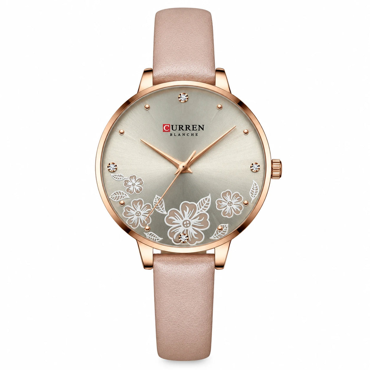 Montre Femme Cuir Beige à Cadran Fleuri et Strass - Marron