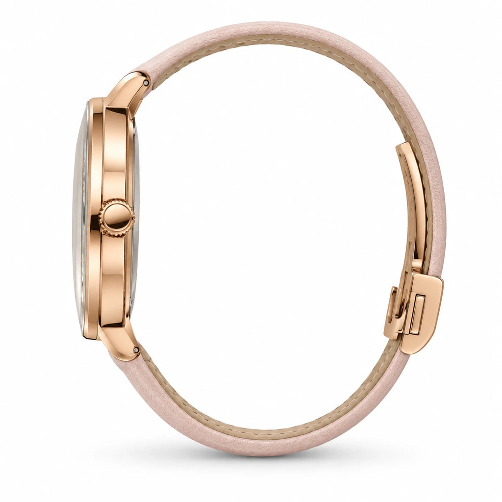 Montre Femme Cuir Beige à Cadran Fleuri et Strass - Photo côté