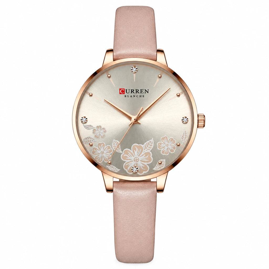 Montre Femme Cuir Beige à Cadran Fleuri et Strass - Rose