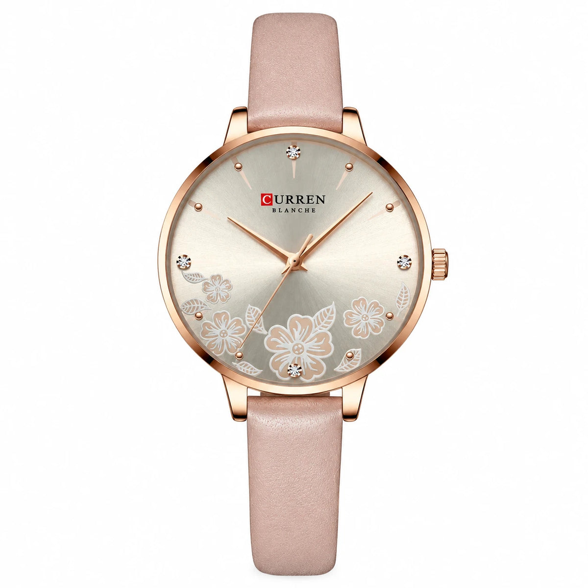 Montre Femme Cuir Beige à Cadran Fleuri et Strass - Rose