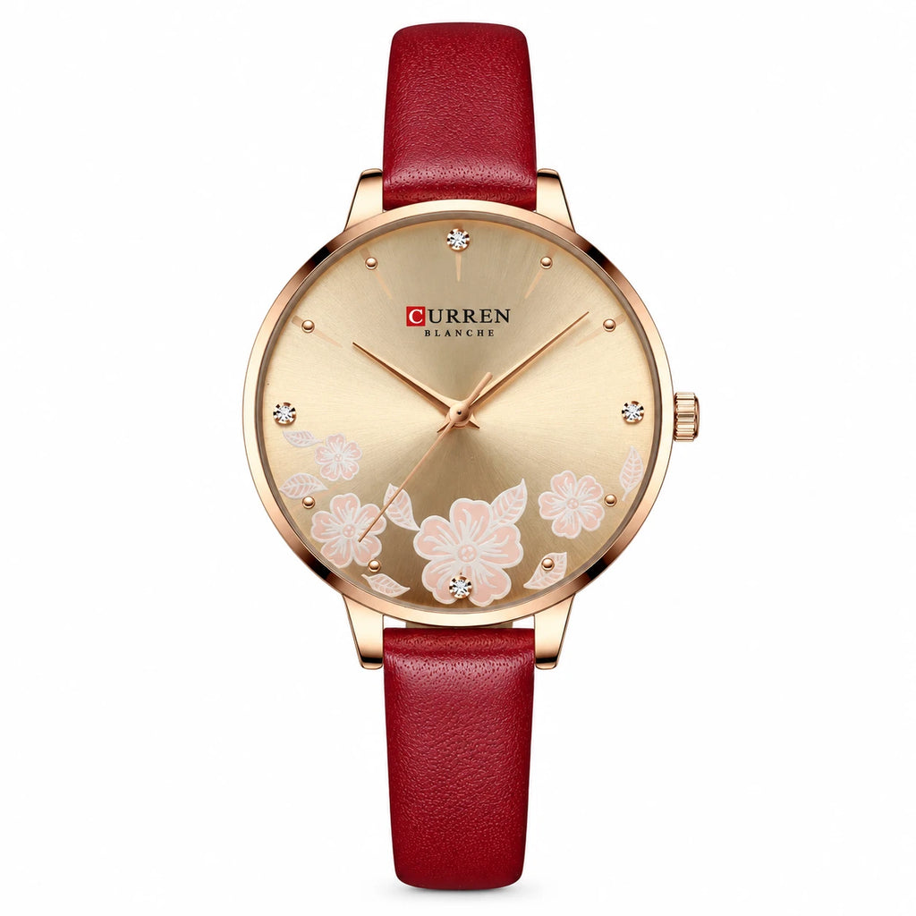 Montre Femme Cuir Beige à Cadran Fleuri et Strass - Rouge