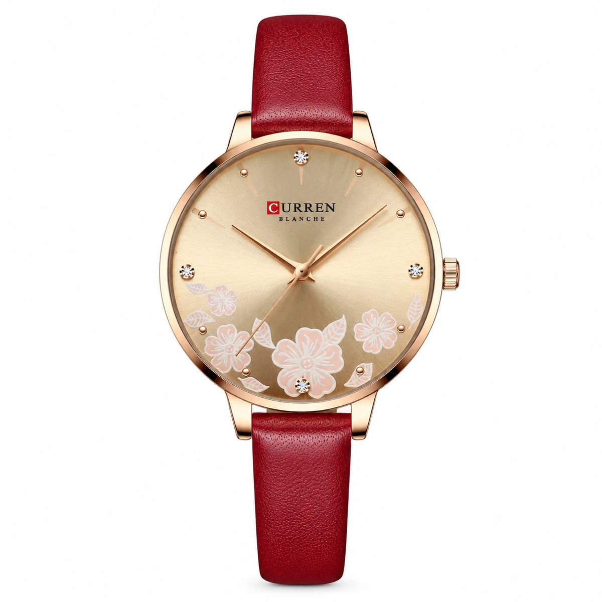 Montre Femme Cuir Beige à Cadran Fleuri et Strass - Rouge