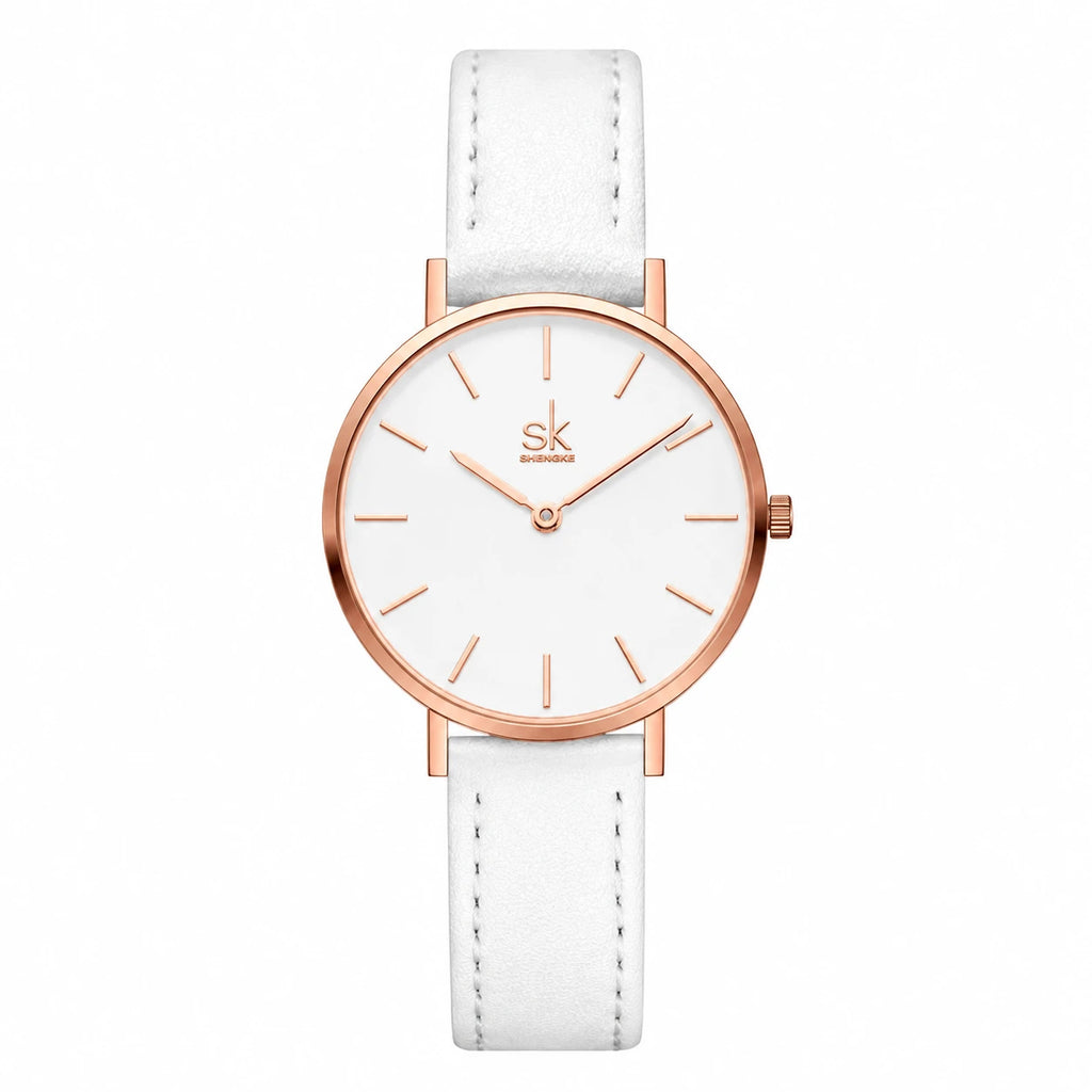 Montre Femme Cuir Cadran Dégradé Or Rose - Blanc