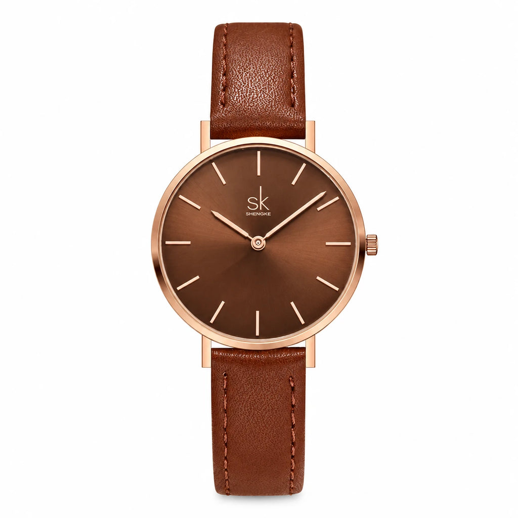 Montre Femme Cuir Cadran Dégradé Or Rose - Café