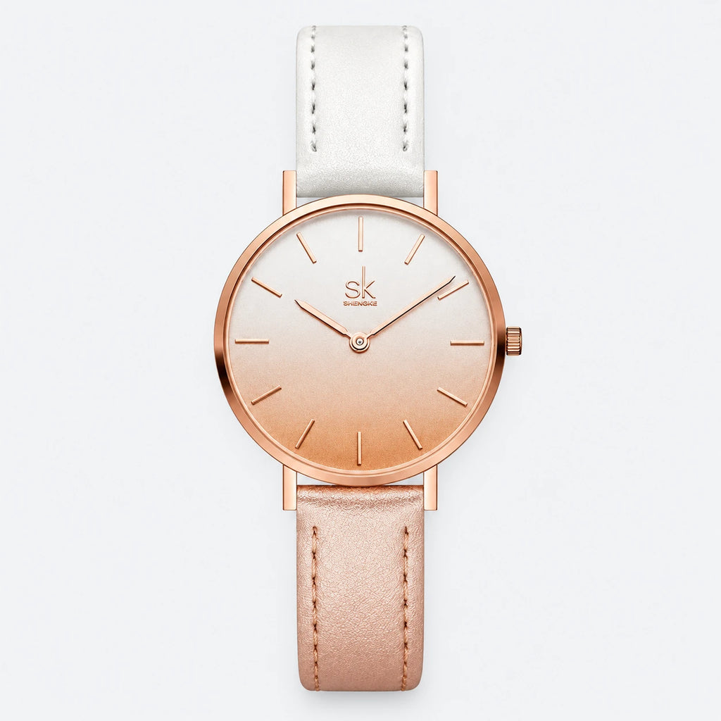 Montre Femme Cuir Cadran Dégradé Or Rose - Fond gris clair