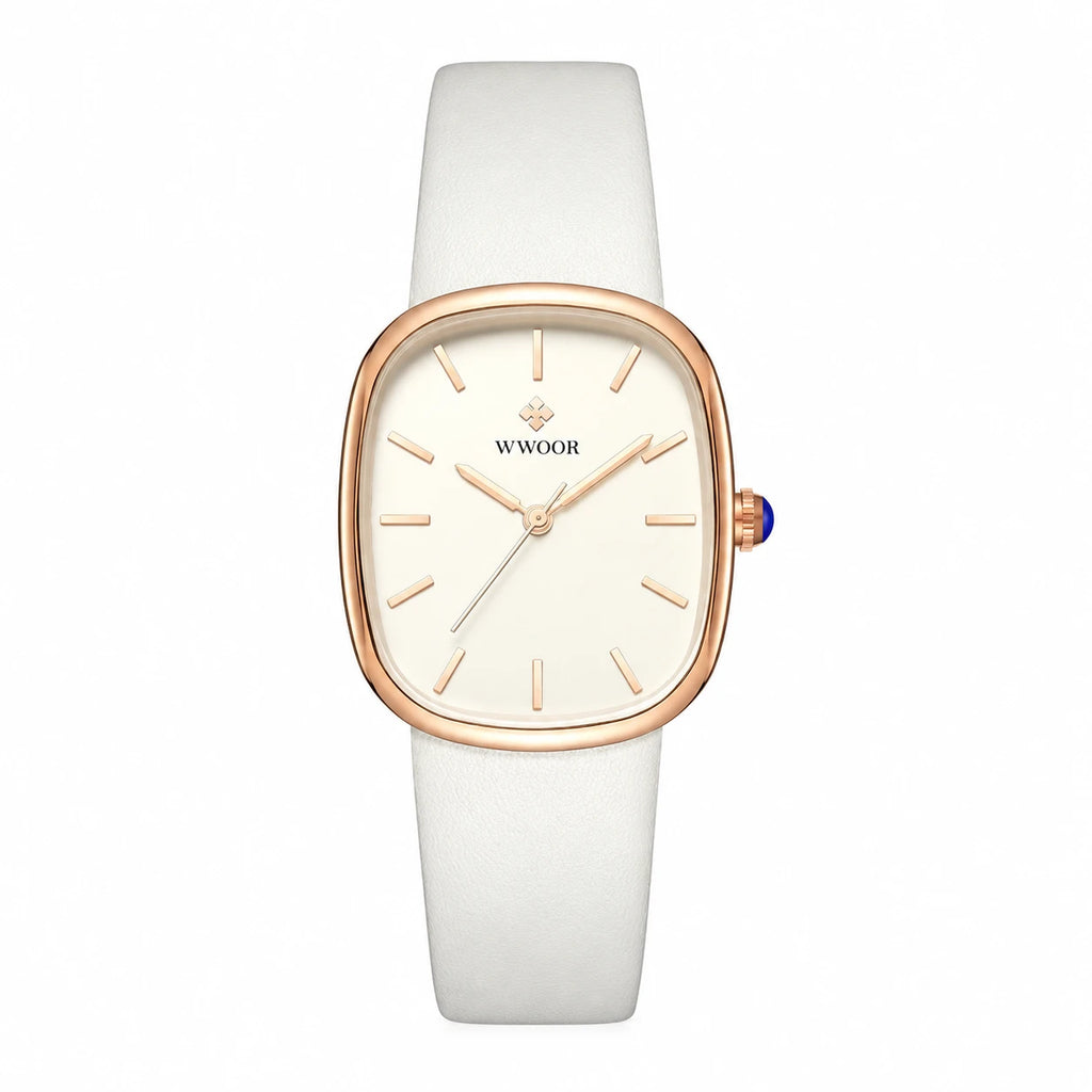 Montre Femme Cuir Cadran Ovale Blanc et Or Rose - Blanc