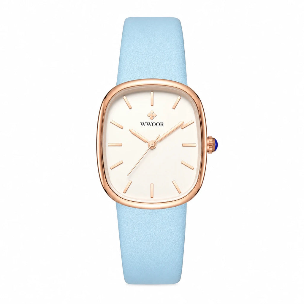 Montre Femme Cuir Cadran Ovale Blanc et Or Rose - Bleu ciel
