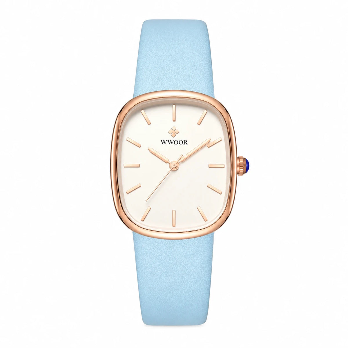 Montre Femme Cuir Cadran Ovale Blanc et Or Rose - Bleu ciel