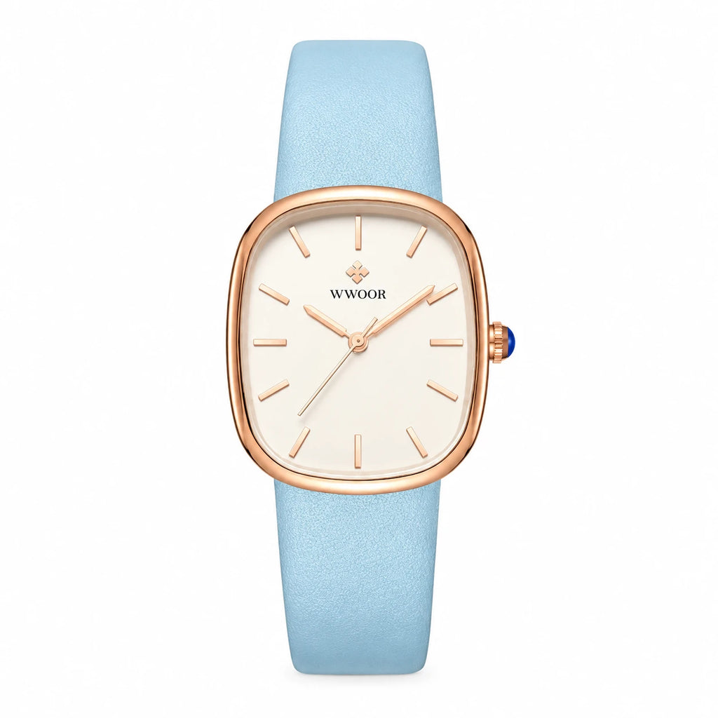 Montre Femme Cuir Cadran Ovale Blanc et Or Rose - Bordeaux