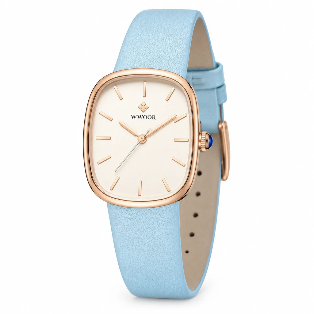 Montre Femme Cuir Cadran Ovale Blanc et Or Rose - Fond blanc, autre angle