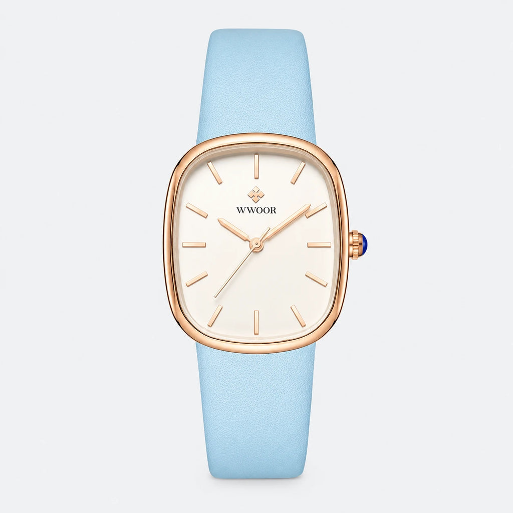 Montre Femme Cuir Cadran Ovale Blanc et Or Rose - Fond gris clair