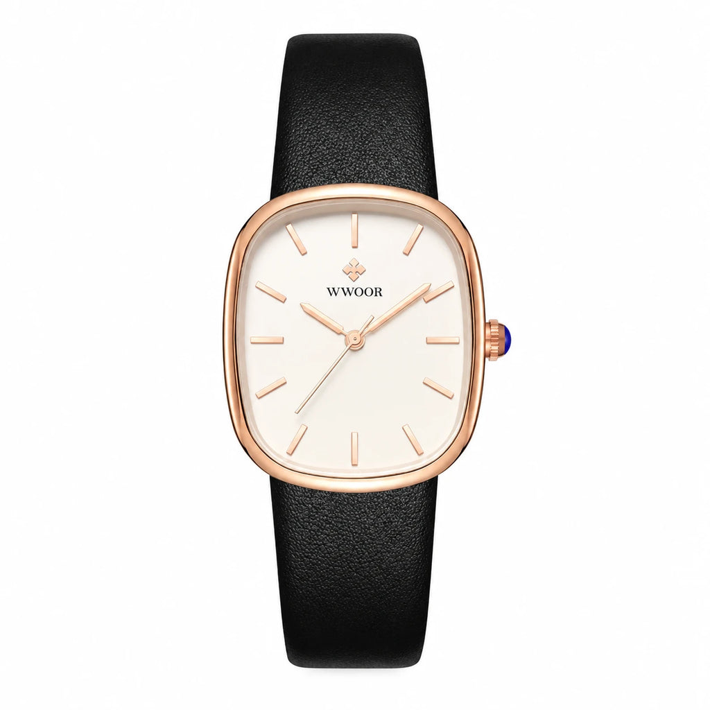 Montre Femme Cuir Cadran Ovale Blanc et Or Rose - Noir