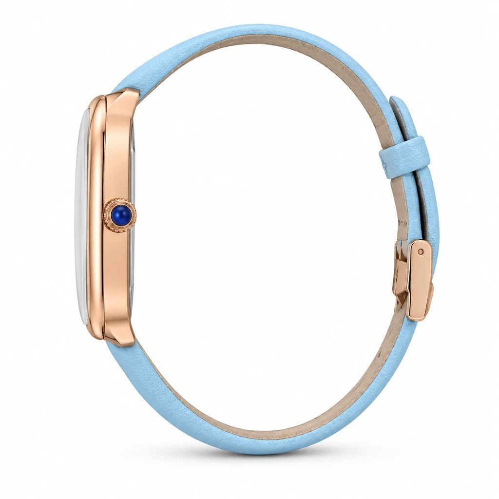 Montre Femme Cuir Cadran Ovale Blanc et Or Rose - Photo côté