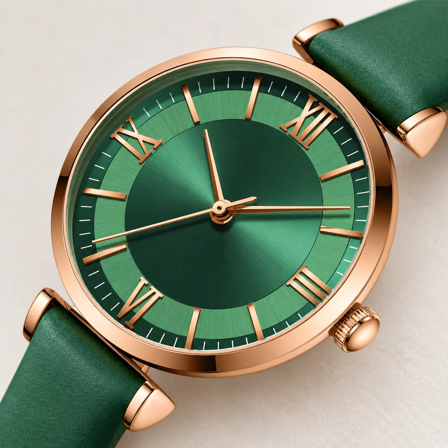 Montre Femme Cuir Vert à Cadran Nacré et Boîtier Doré - Détail matière